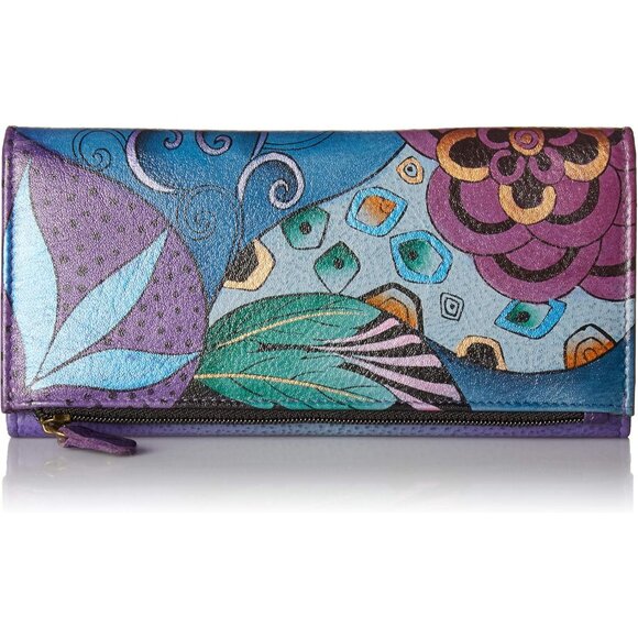 Women’s Hand-Painted Genuine Leather Three-Fold Clutch Tribal Potpourri Eggplant